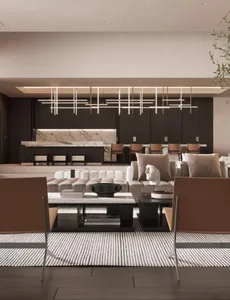Modern living room with sleek leather furniture, marble accents, and contemporary chandelier lighting.