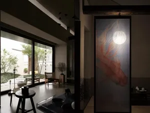 Modern interior design living room with a painting on a canvas as the focal point, featuring sleek, clean lines and minimalis