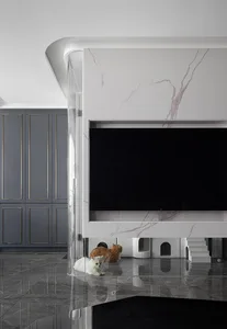 Modern living room with marble TV unit and cabinets