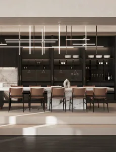 Contemporary kitchen with marble countertops and metallic accents