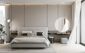 Modern minimalistic bedroom with contemporary furniture, fabric bedding, wooden floor, and glass windows.
