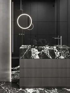 Modern minimalist bathroom with dark marble countertop and silver fixtures