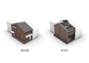 Comparison of exterior house renovation projects showcasing the transformation from old to new with materials like brick, con