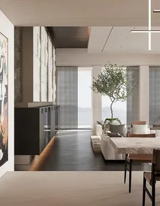 A spacious modern living room featuring stone, marble, and wood elements.