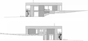 A black and white architectural drawing depicting a modern house with a brick exterior.