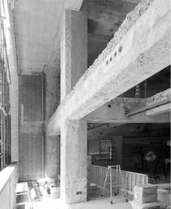 Concrete and steel beams in a construction site
