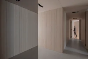 簡約風格的走廊，牆面採用木質板材，空間寬敞舒適。