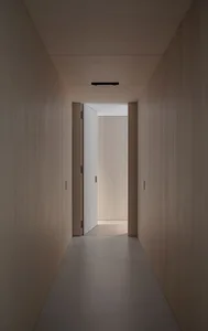簡約風格的走廊，木質牆面搭配混凝土地板。