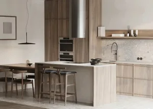 Modern minimalist kitchen with a white and grey terrazzo countertop, featuring stainless steel appliances and wooden cabinets