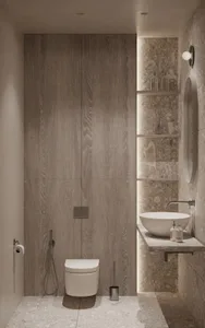 Modern bathroom featuring marble and wood paneling.