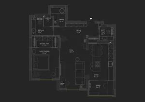 Black-and-white architectural drawing of a compact floor plan with a living area, kitchen, bathroom, and balcony.