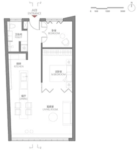 A modern apartment floor plan showing kitchen, dining, living room, bedroom, and bathroom.