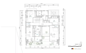 A detailed architectural floor plan of a modern building, depicting various rooms and dimensions.