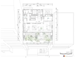 Floor plan of a modern house showing rooms and dimensions.