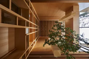 Modern living room with wooden walls and floor, featuring a combination of glass and wood panels.
