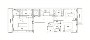 A modern apartment floor plan showing the layout of living, sleeping, and utility spaces.