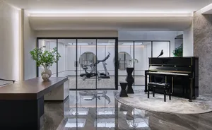 Modern living room with concrete and glass materials