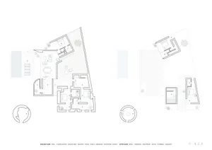 Floor plan of a modern furniture layout with various rooms and spaces.