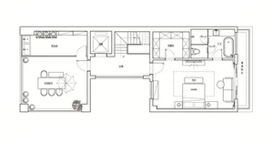 Floor plan showing a modern living space layout with living room, dining area, kitchen, bathroom, and bedroom.