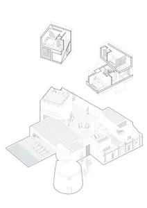 A detailed isometric view of a modern residential building made primarily of concrete, featuring multiple floors and a roofto