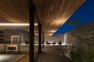 Modern interior design featuring a wooden ceiling and floor.