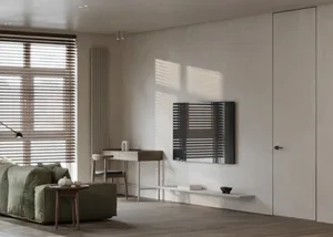 A minimalist residential interior with a green sofa, wooden flooring, and white walls adorned with a black-framed mirror.