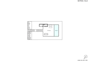 An industrial-style residential rooftop floor plan with a glass exterior and a rooftop kitchen and pool area.