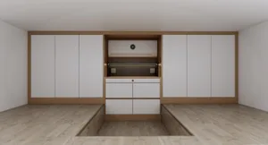 Minimalist interior design featuring wooden cabinets and modern fixtures.