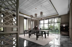 Modern dining room with metal frame furniture, large windows, and minimalist decor.