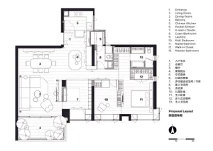 A detailed 2D architectural drawing of a modern house, showing functional zones such as living room, dining room, kitchen, an