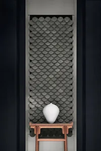 Modern interior design featuring a decorative ceramic tile backdrop