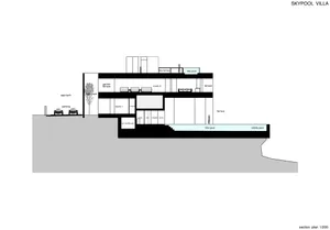 An architectural drawing of a modern interior space with steel curtains, showing the layout and design features.