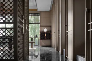 Modern interior design featuring a wooden corridor with intricate patterns and natural lighting.
