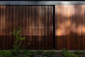 A modern minimalist wooden wall with vertical slats and a small green plant in front of it.