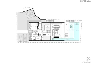 Floor plan of a modern villa with concrete walls and a swimming pool.