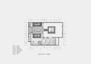 A detailed floor plan of an office space showing various rooms and layouts, including a bar area, restrooms, meeting rooms, a