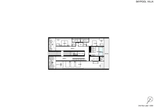 2nd floor plan of a residential facility with a sky pool, featuring a gym, sauna, and multiple residential rooms.