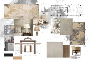A collage showcasing various interior design elements including textiles, fabrics, and lighting fixtures.
