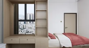 This is a minimalist bedroom with wooden shelves and a bed with a red blanket.