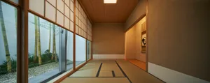 A minimalist interior design featuring a wooden tatami floor.