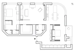 A detailed floor plan of a modern apartment showing the layout and dimensions of each room.