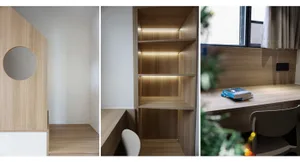 Modern minimalist interior featuring wooden bookshelves with built-in lighting.