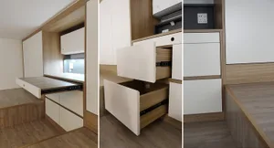 極簡住宅空間中的上方及拉出式收納抽屜