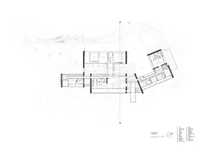 Modern residential floor plan depicting a contemporary home layout with multiple rooms and outdoor areas.