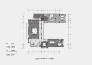 A floor plan of a modern office space featuring concrete materials.