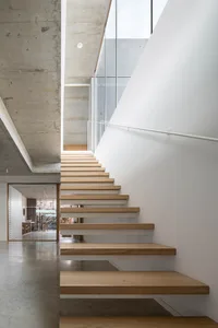 A modern staircase with wooden steps and concrete walls.