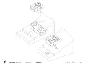 Axonometric drawing of a residential architecture design featuring wooden, glass, and metallic elements.