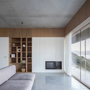 Modern minimalist residential interior featuring concrete, wood, and glass materials, with a white sofa, wooden shelves, and 