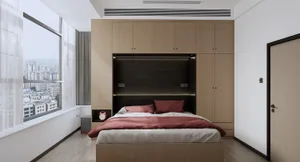 A minimalist bedroom with a bed, red bedding, and white curtains.