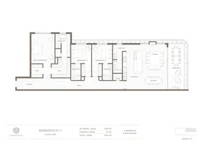 Floor plan of Residence No. 7 depicting a residential living space with multiple bedrooms, bathrooms, and kitchen.